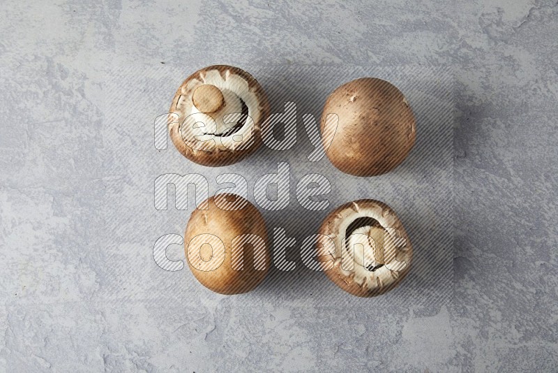 small fresh Cremini mushrooms topview on light blue background