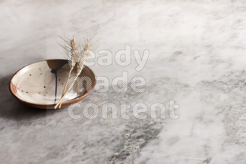 Wheat stalks on multicolored pottery plate on grey marble background