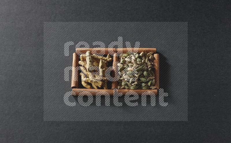 مربعان من أعواد القرفة ممتلئان بحبوب الهيل وأصابع الكركم علي خلفية سوداء