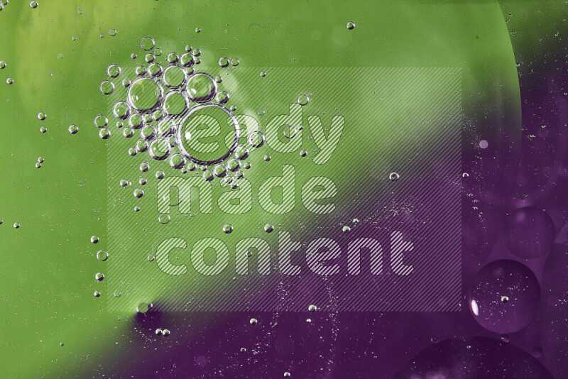 Close-ups of abstract oil bubbles on water surface in shades of green and purple