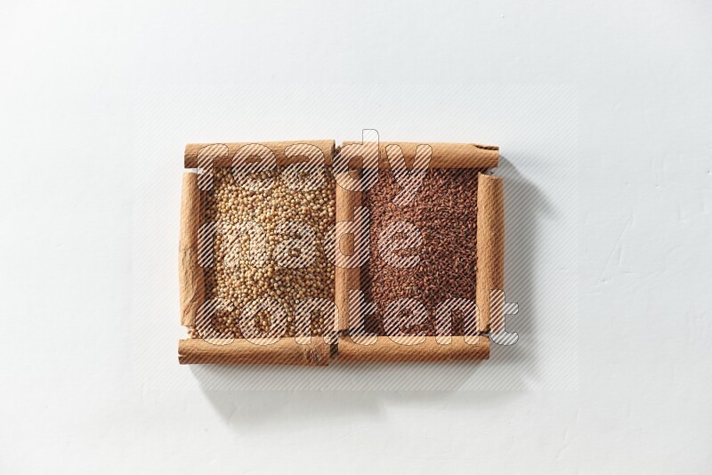 2 squares of cinnamon sticks full of mustard seeds and garden cress on white flooring