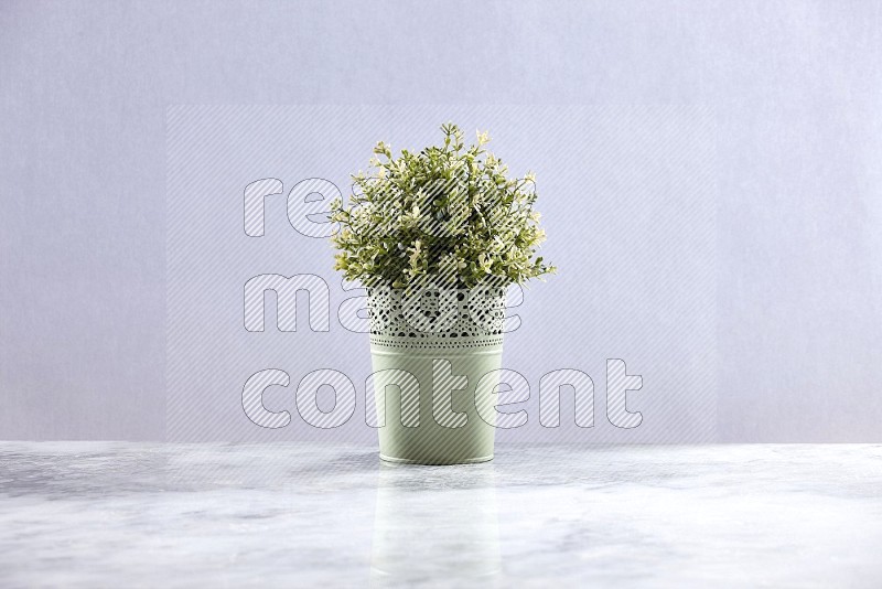 Artificial Thyme Plant in Light Green Decorative Pot on Light Grey Marble Flooring 15 degree angle