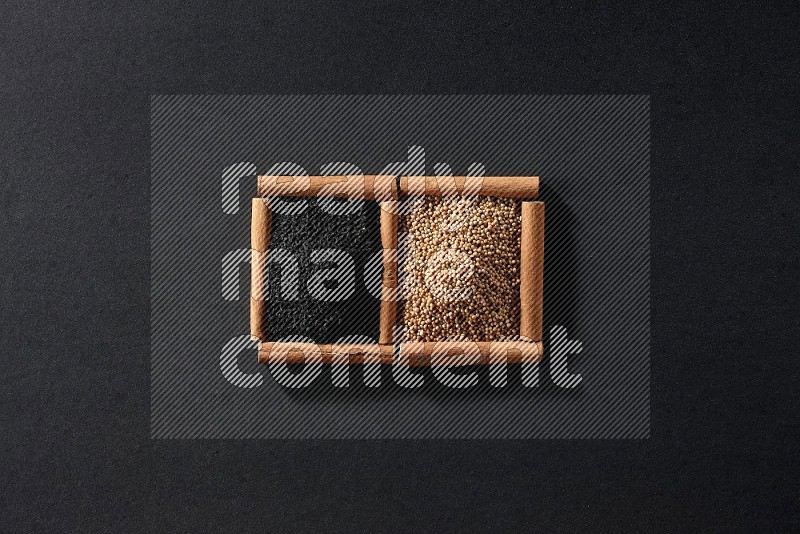 2 squares of cinnamon sticks full of mustard seeds and black seeds on black flooring
