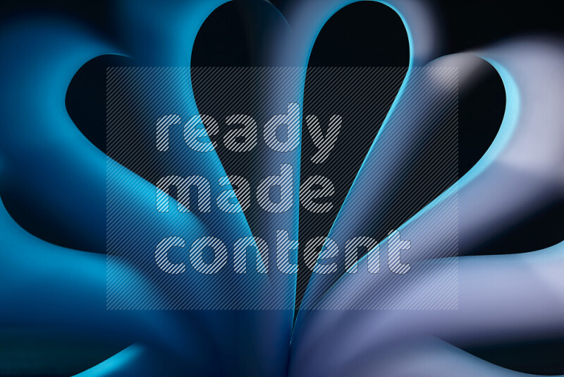 An abstract art piece displaying smooth curves in white and blue gradients created by colored light