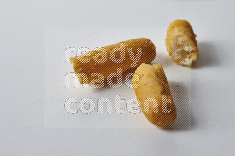 Assorted snacks on white background