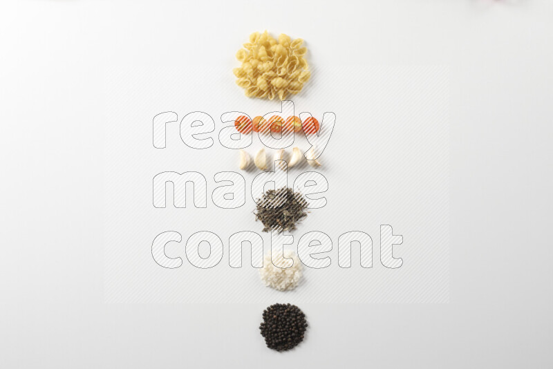 Red sauce pasta recipes ingredients on white background