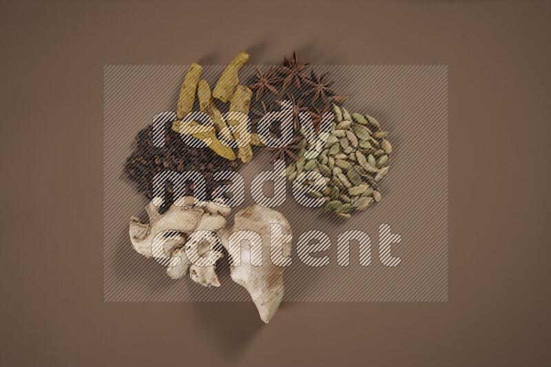 An assorted whole spices including fresh and dried ginger, cinnamon sticks, cardamom, turmeric fingers, cloves, star anise on beige background