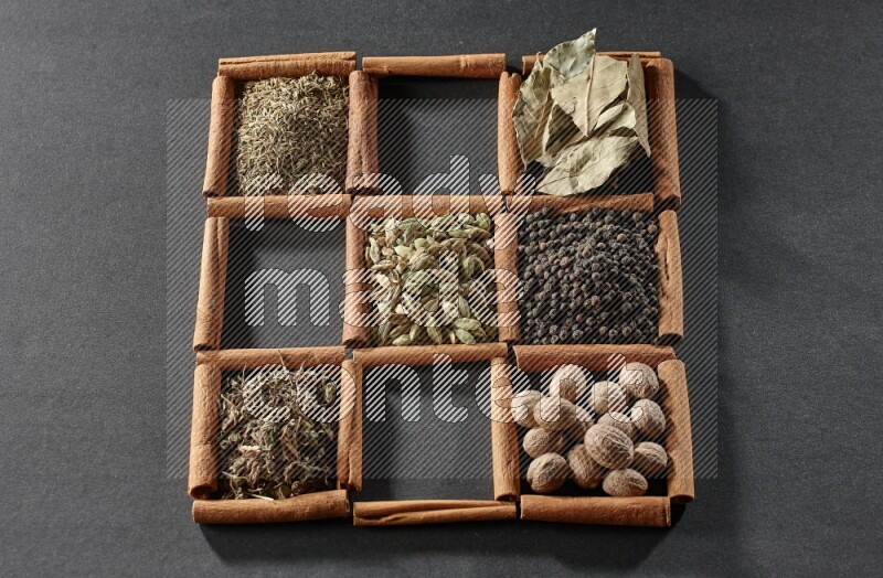 9 squares of cinnamon sticks full of cardamom in the middle surrounded by nutmeg, black pepper, bay laurel leaves, allspice, cumin, white pepper, dried basil and salt on black flooring
