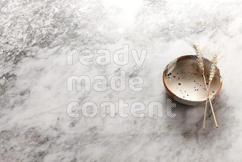 Wheat stalks on Multicolored Pottery Bowl on grey marble flooring, 45 degree angle