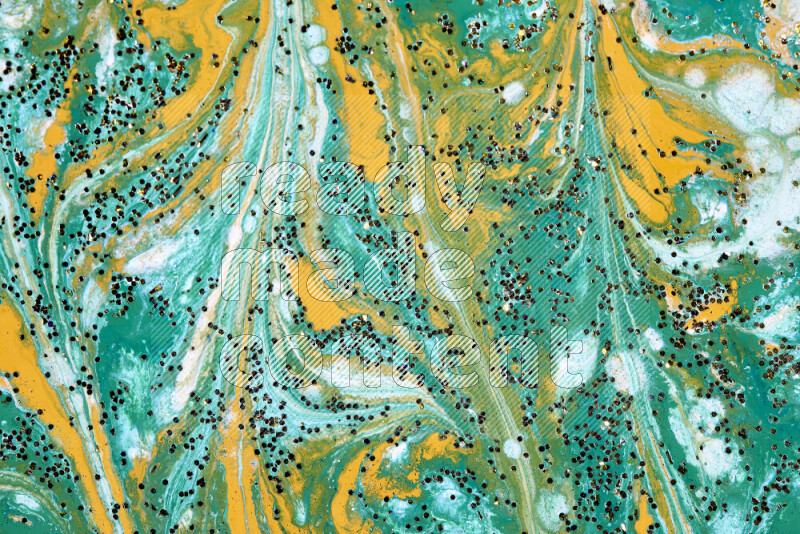 Abstract colorful background with mixed of green, white and gold paint colors with scattered gold glitter