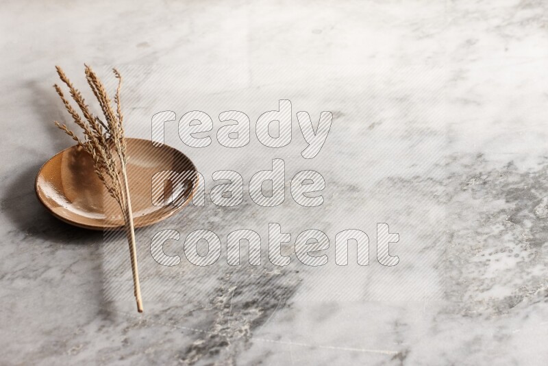 Wheat stalks on multicolored pottery plate on grey marble background