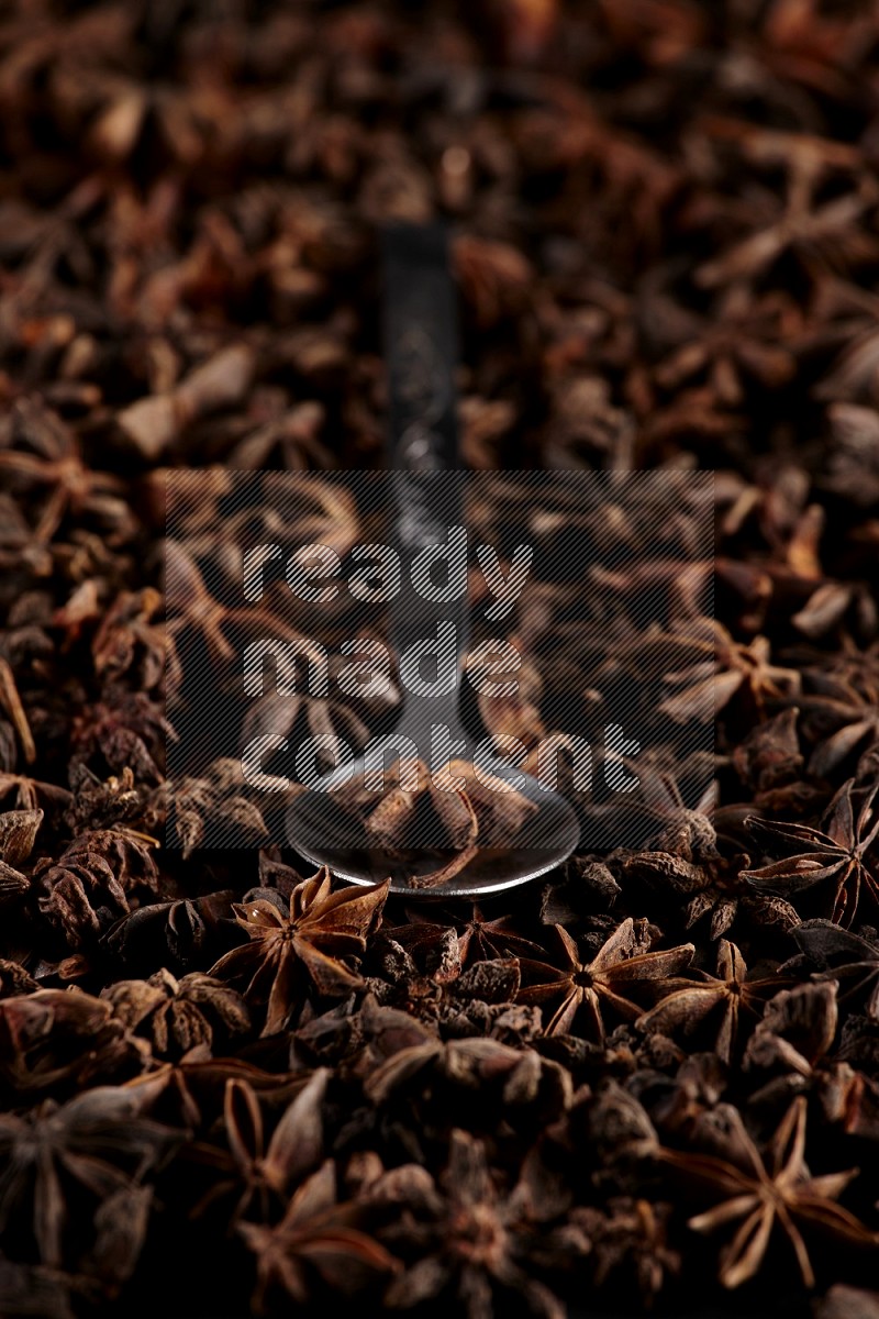 Star Anise in a metal spoon on more stars anise filling the frame on black flooring