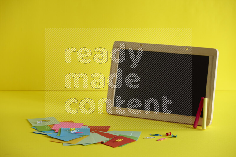 A blackboard with different school supplies on yellow background
