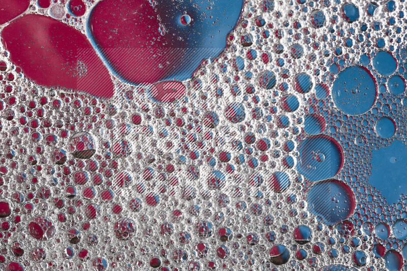 Close-ups of abstract soap bubbles and water droplets on pink and blue background