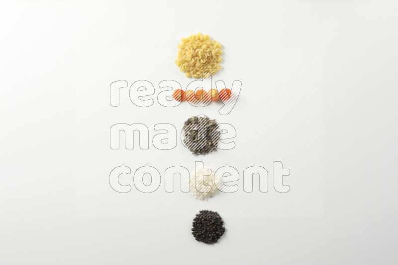 Red sauce pasta recipes ingredients on white background