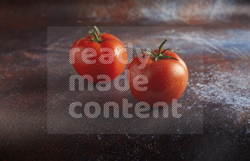 45 degree roma tomato on a textured reddish rustic metal background