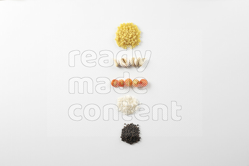Red sause pasta recipes ingredients on white background