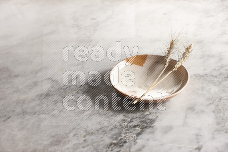 Wheat stalks on multicolored pottery plate on grey marble background