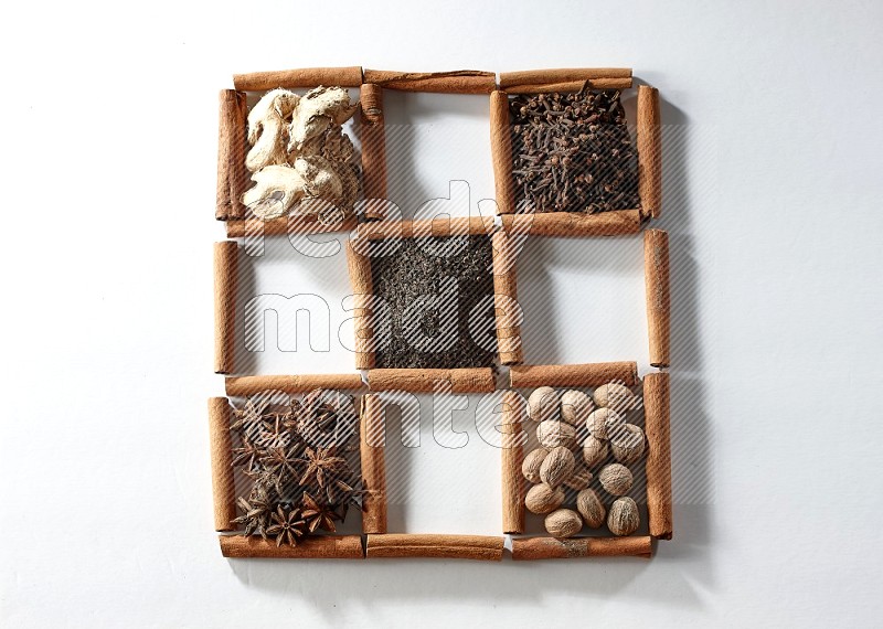 9 squares of cinnamon sticks full of tea in the middle surrounded by nutmeg, dried mint, cloves, dried basil, dried ginger, cinnamon, star anise and cardamom on white flooring