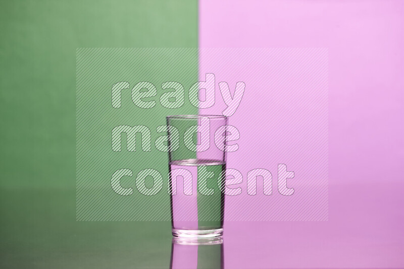 The image features a clear glassware filled with water, set against green and light purple background