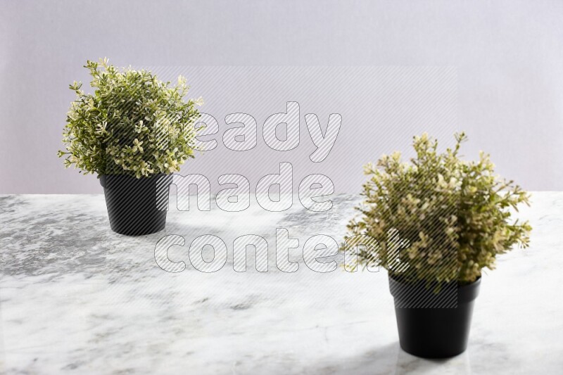 Two artificial plants in black pots on grey marble background