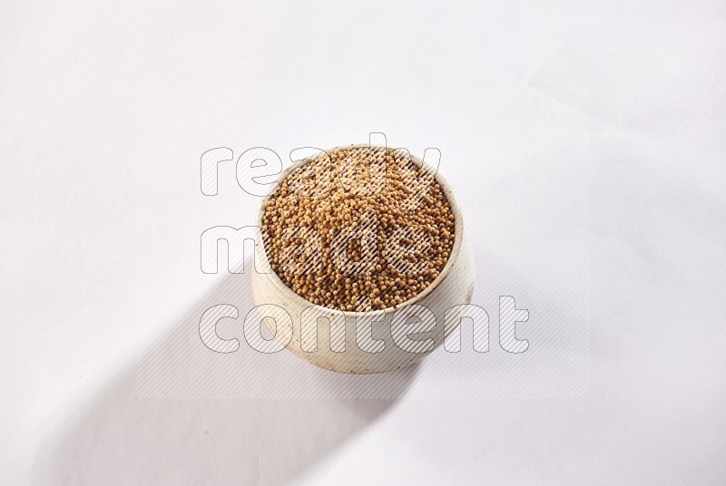 A beige pottery bowl full of mustard seeds on white flooring in different angles