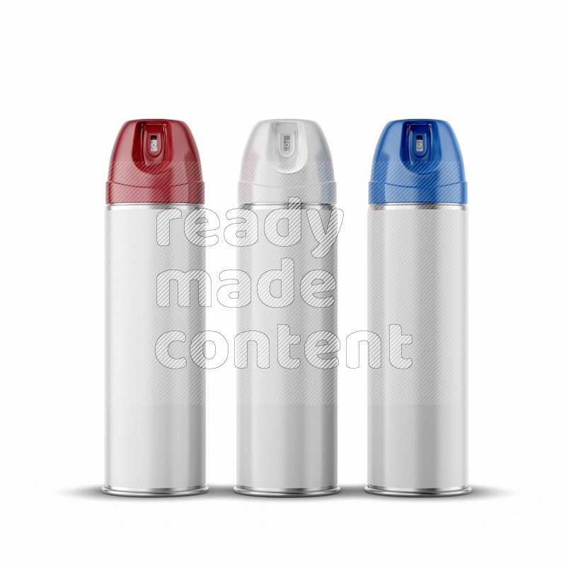 Metal spray bottle mockup with colored plastic cap isolated on white background 3d rendering
