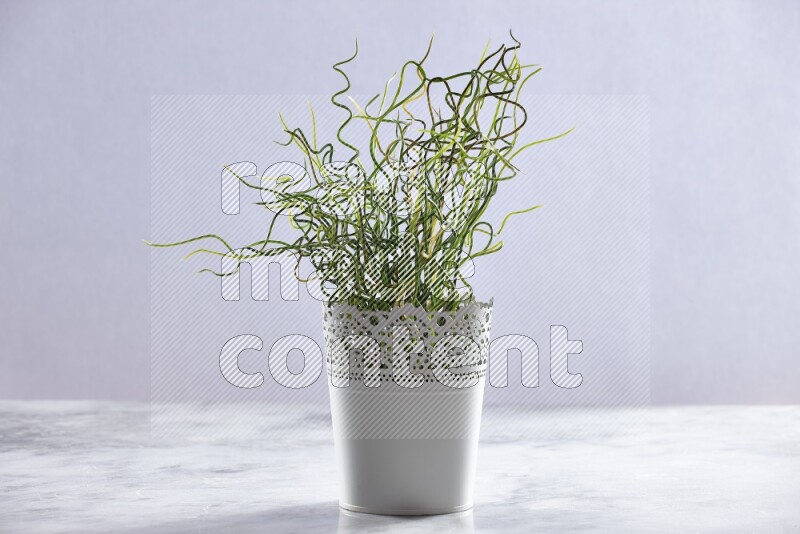 Green artificial plant in white decorative pot on grey marble background