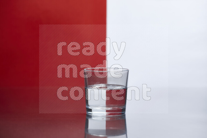 The image features a clear glassware filled with water, set against white and red background