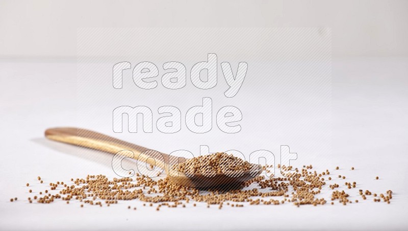 A wooden ladle full of mustard seeds on a white flooring in different angles