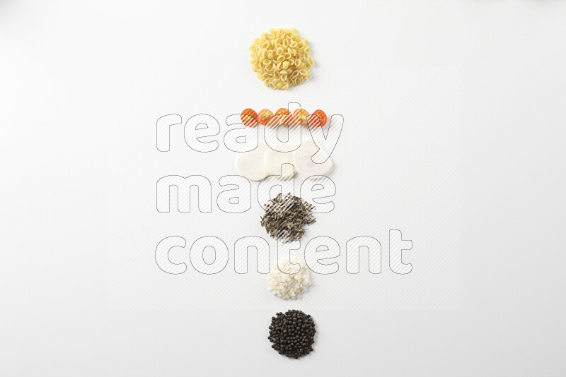 Red sause pasta recipes ingredients on white background
