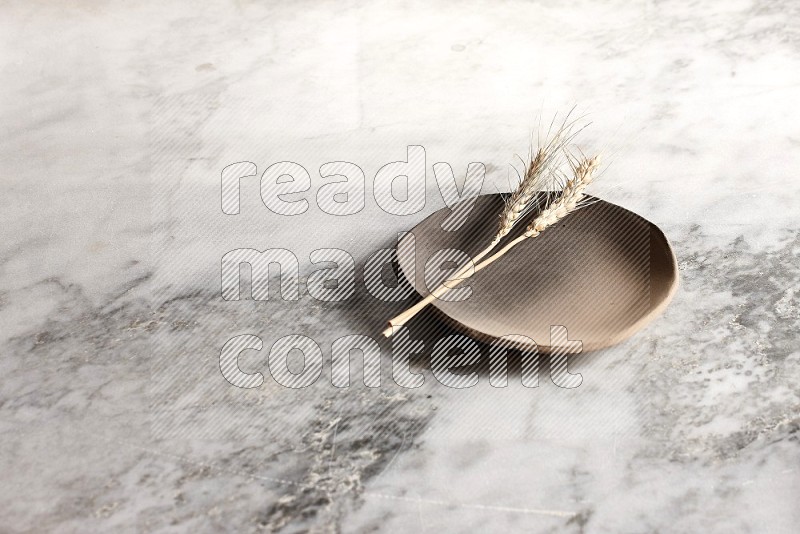 Wheat stalks on Multicolored Pottery Plate on grey marble flooring, 45 degree angle