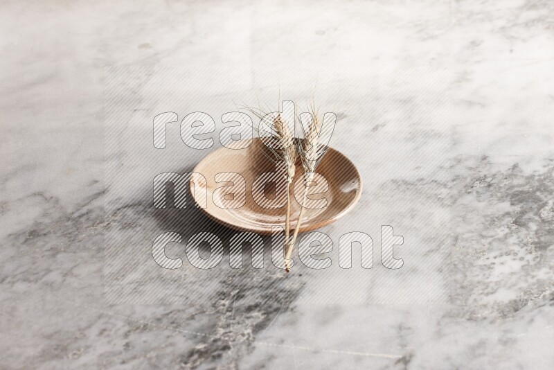 Wheat stalks on multicolored pottery plate on grey marble background