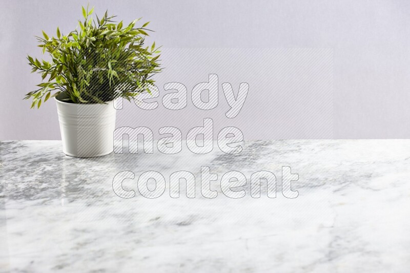 Green artificial plant in white pot on light grey marble background