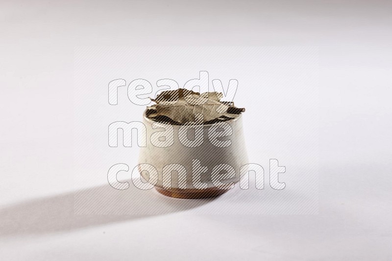 وعاء فخاري بيج ممتلئ بأوراق الغار المجففة على أرضية بيضاء