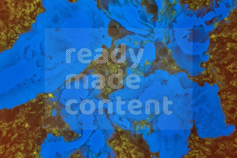 The image depicts a marbling effect with swirling patterns of red, blue and yellow