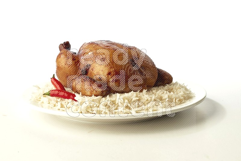 white  basmati Rice with  whole roasted chicken  on a white rounded plate direct on white background