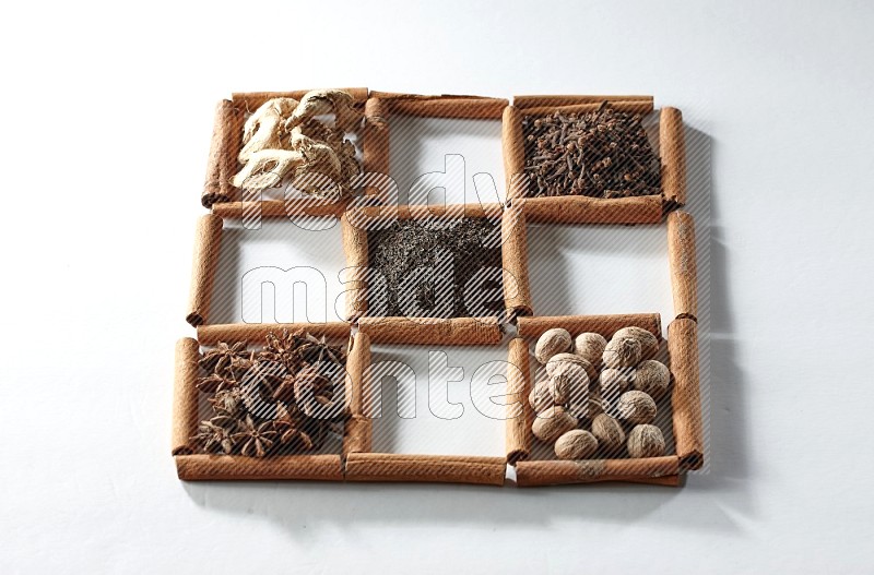 9 squares of cinnamon sticks full of tea in the middle surrounded by nutmeg, dried mint, cloves, dried basil, dried ginger, cinnamon, star anise and cardamom on white flooring