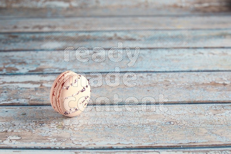 45º Shot of pink orange blossom macaron on light blue wooden background