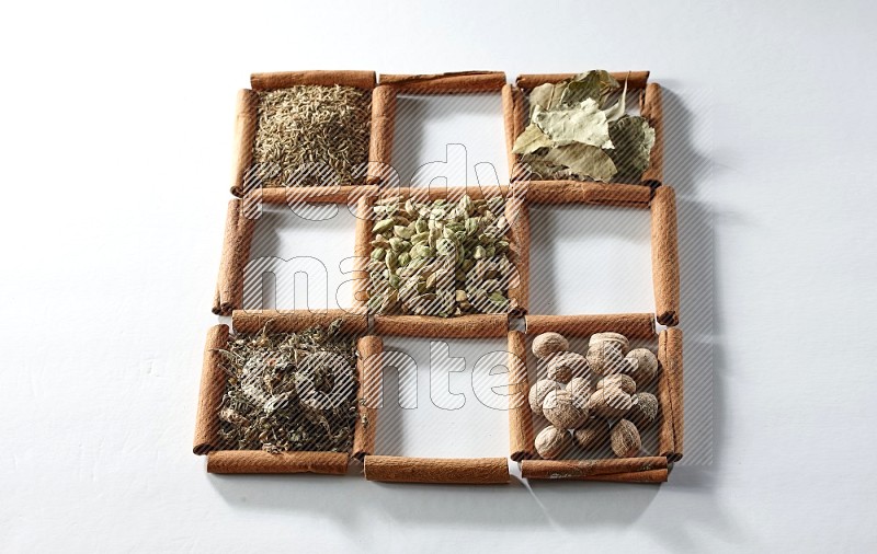 9 squares of cinnamon sticks full of cardamom in the middle surrounded by nutmeg, cinnamon, bay laurel leaves, cloves, cumin, dried ginger, dried basil and star anise on white flooring