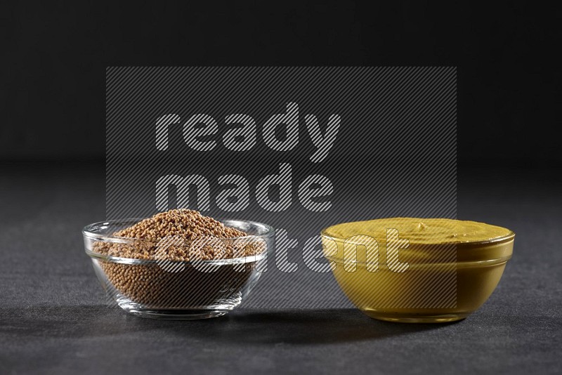 2 glass bowls, one full of mustard seeds and the other full of mustard paste on black flooring in different angles