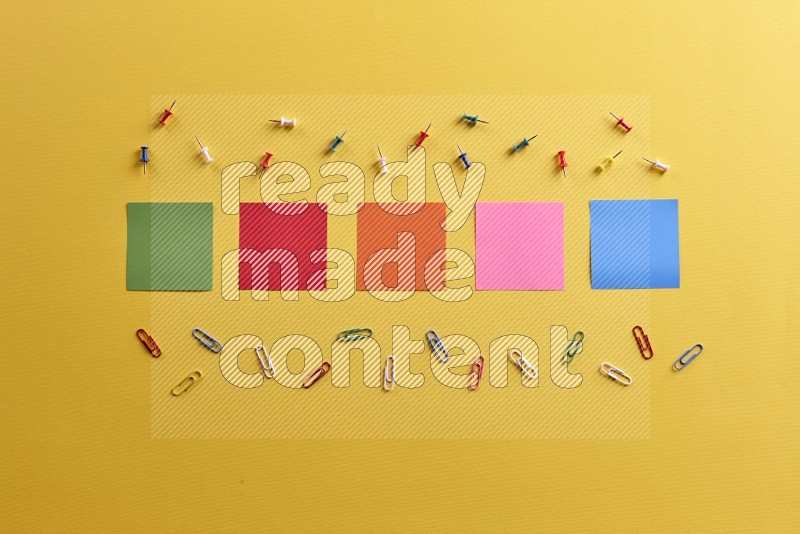 Multicolored sticky notes with school supplies on yellow background (Back to school)