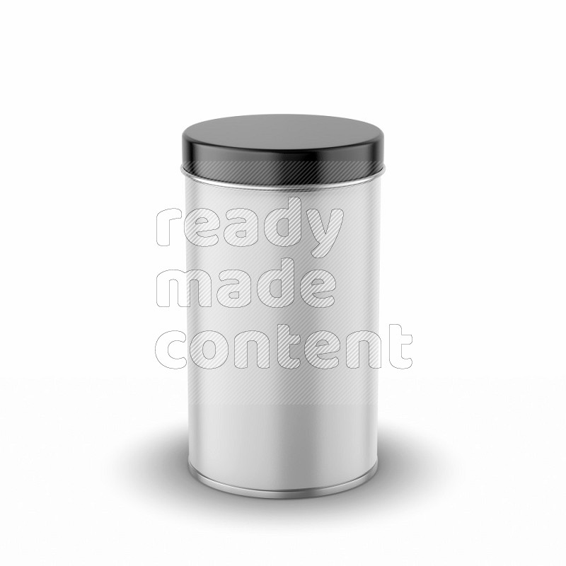 Glossy metal tin can mockup with black metal lid and label isolated on white background 3d rendering