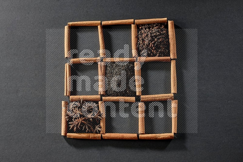 9 squares of cinnamon sticks full of tea in the middle surrounded by nutmeg, mint, cloves, basil, ginger, cinnamon, star anise and cardamom on black flooring