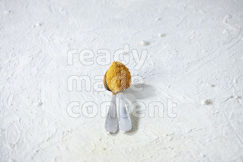 2 metal spoons full of turmeric powder on a textured white background