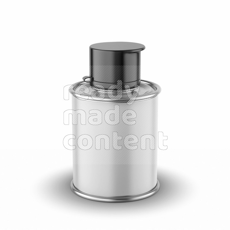Metal tin bottle mockup with label and black cap isolated on white background 3d rendering
