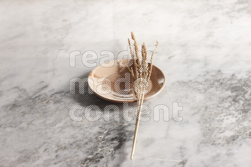 Wheat stalks on multicolored pottery plate on grey marble background
