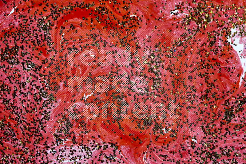 Abstract colorful background with mixed of red and white paint colors with scattered gold glitter