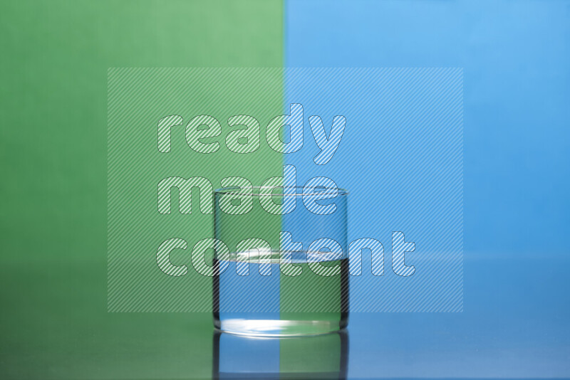 The image features a clear glassware filled with water, set against green and blue background