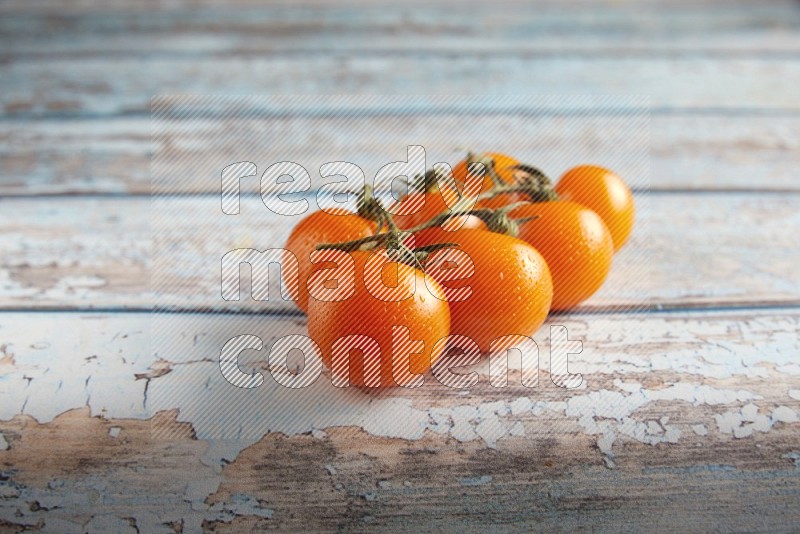 orange cherry tomato vein on a textured blue wooden background 45 degree